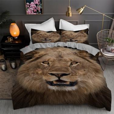 Imagem de Jogo de cama com estampa de rei leão africano, conjunto de 3 peças para decoração de quarto, capa de edredom de microfibra macia 264 x 233 cm e 2 fronhas, com fecho de zíper e laços
