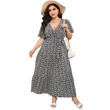 Imagem de ShopWonder Vestido feminino plus size com decote em V, cintura alta, babados, vestido casual de verão com cinto, Flor preta, 5G