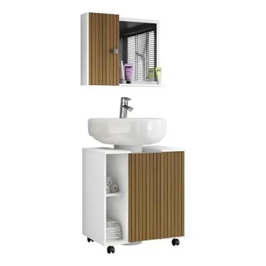 Imagem de Conjunto Armario Gabinete E Espelheira Para Banheiro De Pia De Coluna- Kit Completo De Gabinete com Rodinhas Pequin e Espelheira (Branco/ripado)