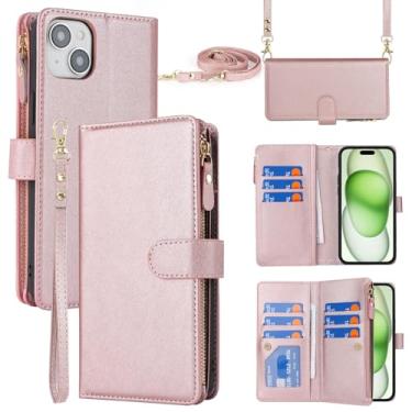 Imagem de Jaorty Capa carteira feminina para Apple iPhone 15 Plus com porta-cartão, capa transversal para iPhone 15 Plus com cordão de alça, bolso com zíper magnético flip couro para iPhone 15 Plus, 6,7