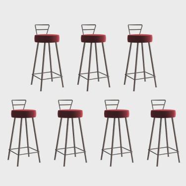 Imagem de Kit 07 Banqueta Alta Com Encosto Tina Eiffel Cozinha Bar Bistrô Ferro Marrom Corino Vermelho - Ahz Móveis