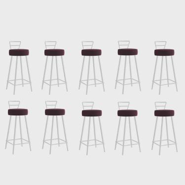 Imagem de Kit 10 Banqueta Alta Com Encosto Tina Eiffel Cozinha Bar Bistrô Ferro Branco Suede Bordô - Ahazzo Móveis