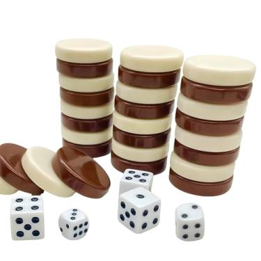 Imagem de 30 Pieces Backgammon Checkers 1.25 Inch Replacement Set Checker Board Games Playing Game Chips with 5 Dice, Come with Drawstring Storage Pouch, Brown and Ivory