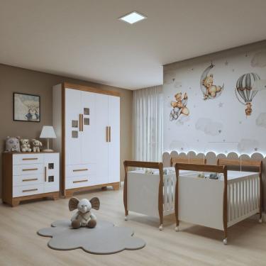 Imagem de Quarto De Bebê Completo Gêmeos Com Guarda-roupa, 2 Berços E Cômoda Gael Branco-amadeirado
