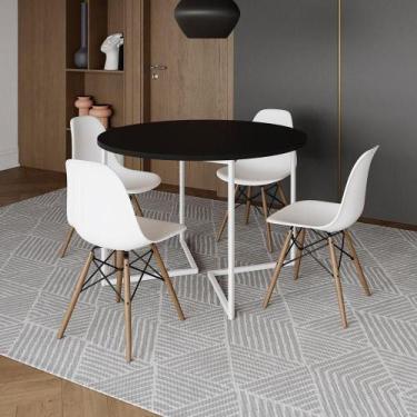 Imagem de Mesa Jantar Industrial Redonda 110Cm Preta Base V Ferro Branco C/4 Cad