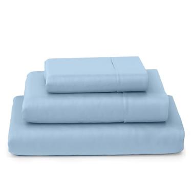 Imagem de SKY BEDDINGS Lençóis de solteiro 100% algodão - 400 fios de cetim trançado, refrigeração, conjunto de lençóis de solteiro de luxo de 3 peças com bolsos profundos de 38 cm - azul claro