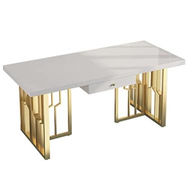 Imagem de AKALNNB Mesa de PC leve luxuosa moderna mesa de ferro de madeira PC laptop mesa com gaveta e moldura de metal dourado norte da Europa simples mesa de estudo móveis de escritório domésticos mesas de