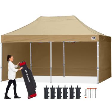Imagem de ABCCANOPY tenda de dossel comercial de 25,4 cm x 50,8 cm com paredes laterais, sombra instantânea, bolsa de rolo de atualização bônus, 4 sacos de peso, estacas e cordas, bege