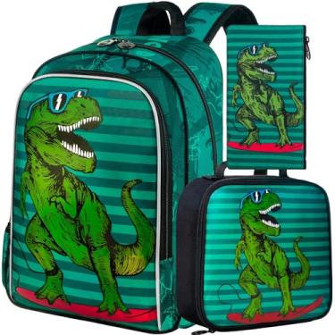 Imagem de AGSDON 3 mochilas para crianças, 40,6 cm, pré-escolar, mochila e lancheira – Unicórnio, sereia, flamingo, dinossauro, Verde dinossauro de 40,6 cm, Verde dinossauro