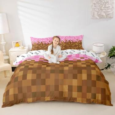Imagem de Manfei Conjunto de capa de edredom Pixelated Grid tamanho casal, conjunto de cama de construção de mineiros 3 peças para decoração de quarto, gamepad de desenho animado infantil, capa de colcha marrom