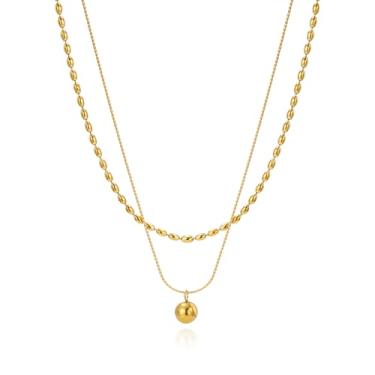 Imagem de WASAIE Colar gargantilha feminina com pingente de bola em camadas, colar delicado empilhável, banhado a ouro, corrente de cobra, de aço inoxidável, para festas de formatura