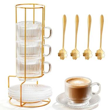 Imagem de SJORHNUS Conjunto de 4 xícaras de café expresso de 153 g, copos de café de vidro transparente com pires, colheres e porta-copos, copo pequeno empilhável para expresso, latte, cappuccino, chá