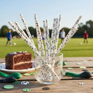 Imagem de Kit Mimo Tema Futebol: Lembrancinha Infantil Decoração de Mesa e Festa Esportiva DIY Aniversário Gincana Evento Escolar (12 Canudos Papel Eco: Bola)