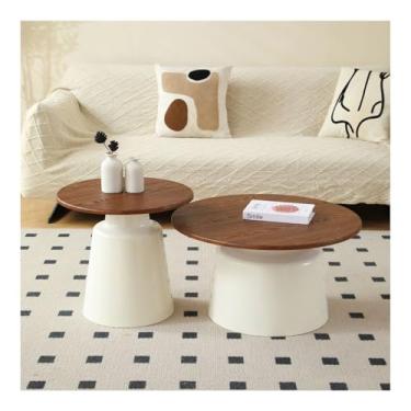 Imagem de HGTRH Mesa de centro redonda, conjunto de 2 mesas de nidificação com acabamento de madeira em estilo creme, mesa de cabeceira lateral de sofá para quarto, base de aço carbono, conjunto de nogueira