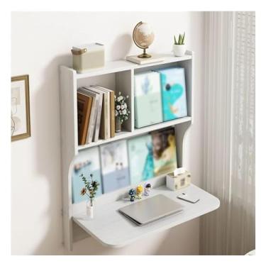 Imagem de Mesa de parede com armazenamento, mesa de madeira maciça com banco de trabalho integrado para estudos com folhas para pequenos espaços, estante de livros, mesa de escritório em casa, nogueira, branco