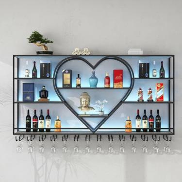 Imagem de HGTRH Rack de vinho montado na parede com suporte de vidro, rack de vinho de barra de ferro com luz LED, exibição de armazenamento multifuncional prateleira de garrafa de vinho, suporte de parede de