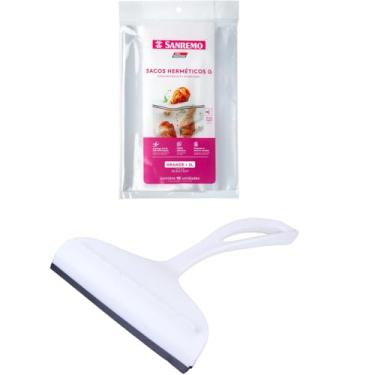 Imagem de Conjunto de 1 Rodo Plástico Multiuso Branco com Raspador 18cm + 1 Saco Abre e Fecha Hermético de 3 Litros