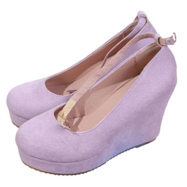 Imagem de Sapato feminino moderno, tamanho grande, salto com inclinação de mola, impermeável, cabeça redonda, salto alto, um botão, raso, Roxa, 34
