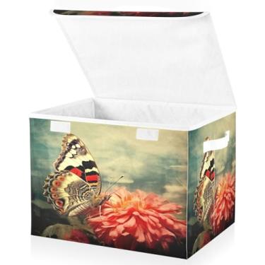 Imagem de Blueangle Cestos de armazenamento de borboleta vintage com tampas, 42 x 32 x 30 cm, grande cesta organizadora dobrável para decoração de escritório e armário (326)