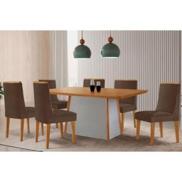 Imagem de Mesa Cozinha Tilia c/ Tampo Madeirado Canto Curvo 180x90cm e 6 Cadeiras Dakota Madeira Maciça Naturale/Off White - Capuccino/Suede Marrom-Rufato