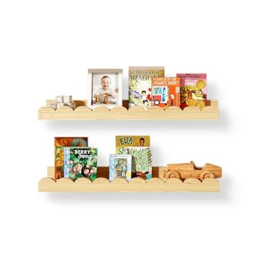 Imagem de MZJZBN Prateleiras flutuantes de berçário para quarto de crianças, pacote com 2 prateleiras de parede de pinheiro de 60 cm com borda recortada, estantes infantis para quarto de criança, sala de jogos