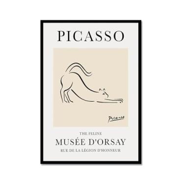 Imagem de Pintura em tela vintage Picasso desenho de linha de cachorro gato pássaro cavalo desenho abstrato animal impressão minimalista arte de parede pôster para sala de estar decoração de casa