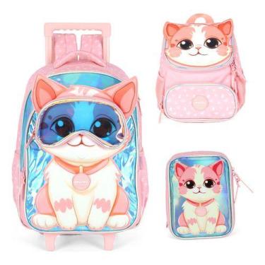 Imagem de Kit Mochila Rodinhas Infantil Panda Gatinho Original Up4you -, Salmão