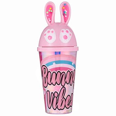 Imagem de Copo de viagem de pata de gato com canudo rosa copo de festa copo de gelo congelante caneca de presente para aniversário (coelho vibes rosa, 430 ml)