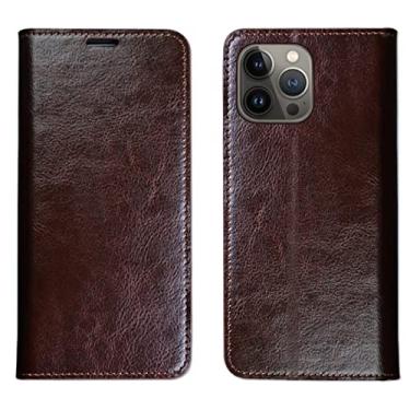 Imagem de YINGDAFENG Capa carteira para iPhone 14/14 Pro/14 Plus/14 Pro Max, capa flip de couro genuíno de vaca com suporte de cartão de crédito função de suporte capa fina de ajuste, marrom, 14 6,1 polegadas