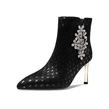 Imagem de TinaCus Botas femininas feitas à mão de couro sexy com salto metálico e zíper lateral e bico fino com flor de strass, Preto, 8.5