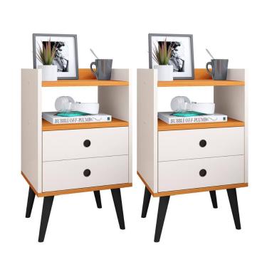 Imagem de Kit 2 Mesas de Cabeceira Mesinhas Decorativas Quarto Com Nicho e 2 Gavetas Retrô Dream Plus - Off White/Cinamomo - Lojas RPM 
