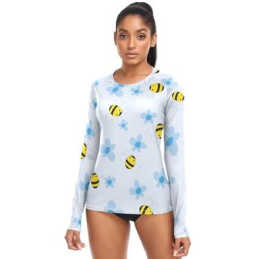 Imagem de KLL Flowers and Bees Blue Good Luck Camiseta feminina Rash Guard de manga comprida atlética FPS 50+, Flores e abelhas azul Good Luck, GG