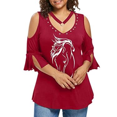 Imagem de Camisetas femininas com gola V, manga curta, meio sino, ombros vazados, recortadas, blusas femininas 2024, B-228 Vermelho, 3G