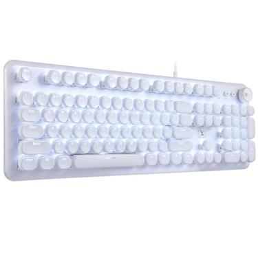 Imagem de Teclado de jogos, estilo retrô punk, interruptores azuis, luz de fundo branca, USB com fio, para computador desktop PC laptop, para jogos e escritório, teclado mecânico elegante (T520), Square Keycaps, 17.7x5.5x1.6 in