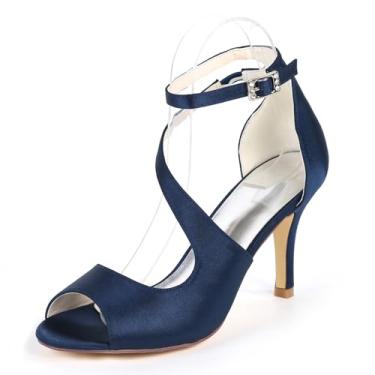 Imagem de Sandálias femininas de salto alto Peep Toe com tiras cruzadas e tira no tornozelo, sapatos de casamento para noivas e festas de formatura branco 9920-19, Azul marinho, 37