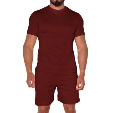 Imagem de Uni Clau Conjunto masculino de 2 peças, camiseta de verão e short para praia, muscular, treino de férias, Vermelho, G