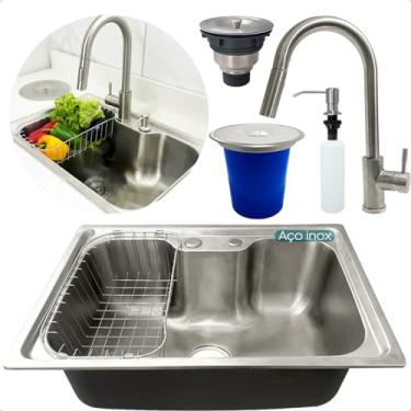 Imagem de Dona D Cor, Kit Cozinha Cuba Gourmet Inox 60x42 Lixeira De Embutir 5L Torneira Alta Monocomando Porta Detergente 500ml Valvula E Sifão Kit Completo 6 Peças