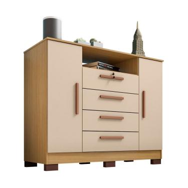 Imagem de Cômoda Rack para Quarto 2 Portas e 4 Gavetas Lolla Carvalho/Off White - Pallazio