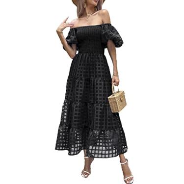 Imagem de PRETTYGARDEN Vestido feminino casual de verão bufante manga curta gola quadrada franzido em camadas maxi vestidos longos, Xadrez preto, P