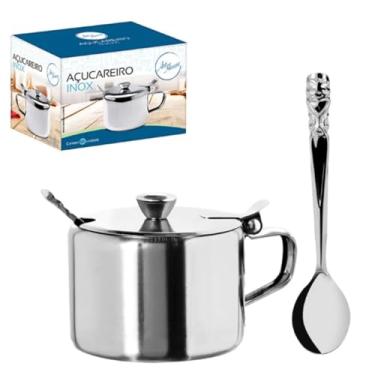 Imagem de Açucareiro Inox De Mesa Pequeno Com Tampa Colher Alça Capacidade 200ml
