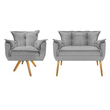 Imagem de Kit Namoradeira e Poltrona Opala Base Giratória de Madeira Suede Cinza