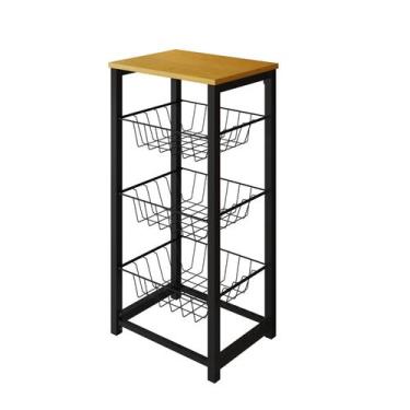 Imagem de Fruteira de Chão Cozinha Desmontada Aço Preto Cesto Preto Tampo Canela