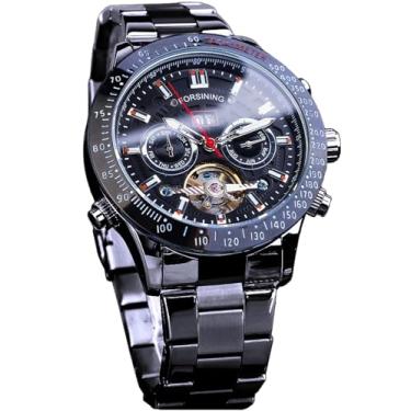 Imagem de FORSINING Relógio masculino Tourbillon mecânico com corda automática, calendário completo, calendário completo, taquímetro luminoso, multifuncional, relógio de pulso com pulseira de aço inoxidável com