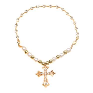 Imagem de Colar feminino de cruz com contas de pérola de zircão, pingente de crucifixo de cristal cintilante, pérolas barrocas, contas redondas, presentes de fé para batismo, Large, Liga de aço, Sem Pedra
