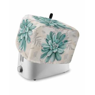 Imagem de Capa de torradeira 2 fatias azul-petróleo plantas suculentas pão torradeira capa de forno com bolsos folhas verdes protetor de utensílios de cozinha à prova de poeira capas de poeira proteção de