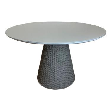 Imagem de Mesa De Jantar Cone Redonda 80 Cm Tampo Laqueado Cinza + Vidro Base Corda Náutica Cinza