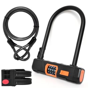 Imagem de RunPig Cadeado U para bicicleta com cabo de aço, trava U para bicicleta anti-roubo resistente, trava de combinação reinicializável de 4 dígitos para bicicleta, E-bike, motocicleta, Escooter, trava de