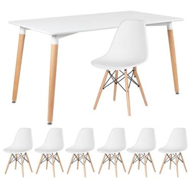 Imagem de Kit - Mesa Retangular Eames 80 X 140 Cm Branco + 6 Cadeiras Dsw Branco Mesa Branco Com Cadeiras Branco