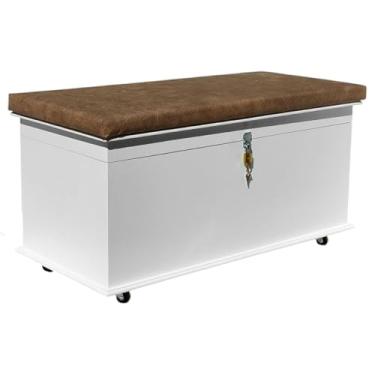 Imagem de Bau Organizador Caixa Recaimer Pé De Cama Quartos com Cadeado puff (Branco Almofada Marrom)