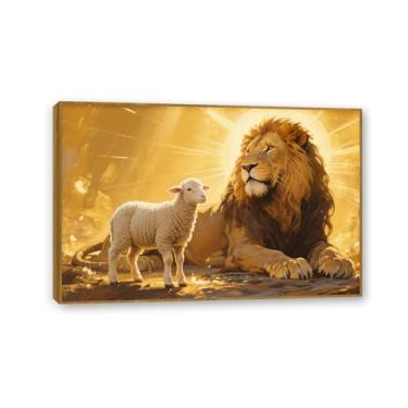 Imagem de SDYJ6GSW Leão de Judá, arte de parede, tela, cordeiro, Jesus, pinturas, para sala de estar, fotos cristãs, pôster e impressões, decoração de parede para quarto, moldura teca de 60 x 40 cm (24 x 16 pol